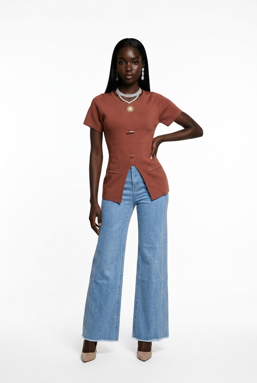 Stylish Sisters Crew Neck Gold Button Detailed Slit Top - Brown