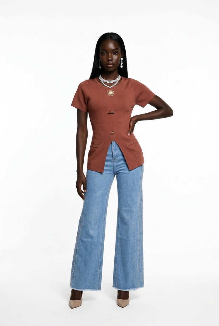Stylish Sisters Crew Neck Gold Button Detailed Slit Top - Brown