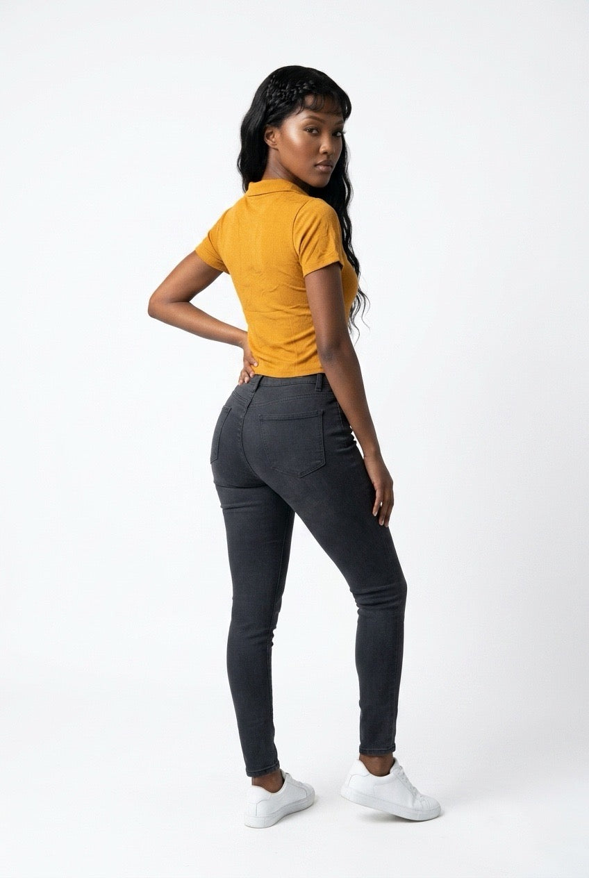 Stylish Sisters Corset-Style Curved Hem Polo Top - Mustard Yellow