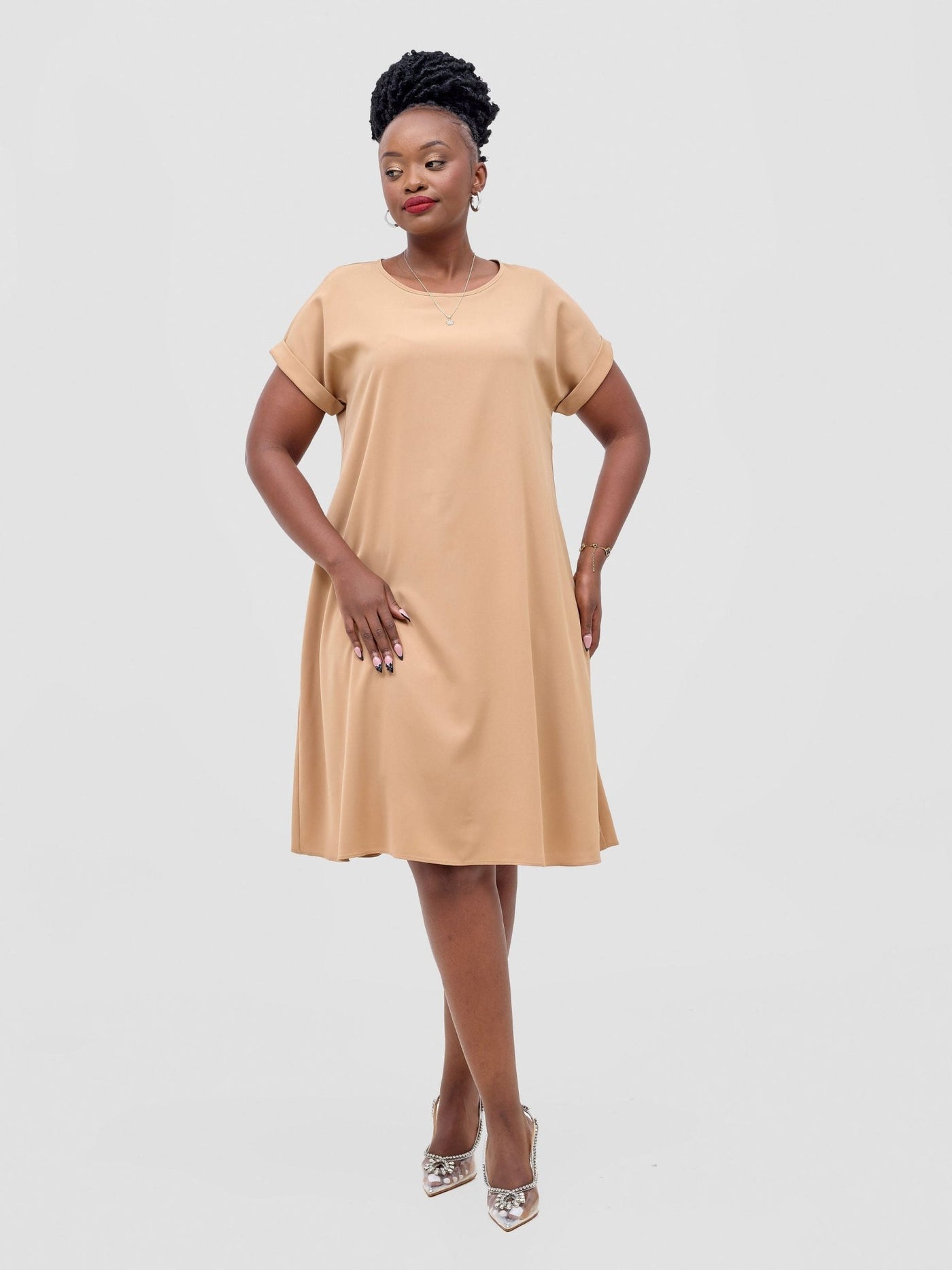 Vivo Pesi Drop Shoulder Tent Dress - Light Tan - Shopzetu