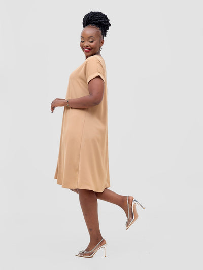 Vivo Pesi Drop Shoulder Tent Dress - Light Tan - Shopzetu