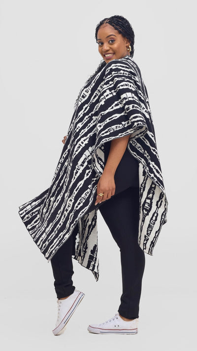 Vivo Reversible Poncho without Fringes - Black / Off - white Miwa Print - Shopzetu