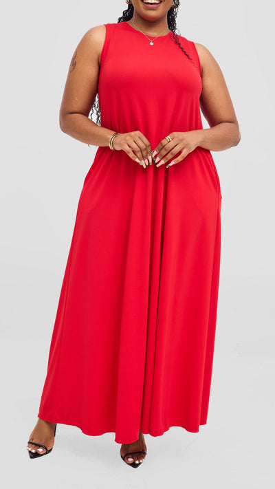 Vivo Ponte Back Pleat Maxi Dress - Red - Shopzetu