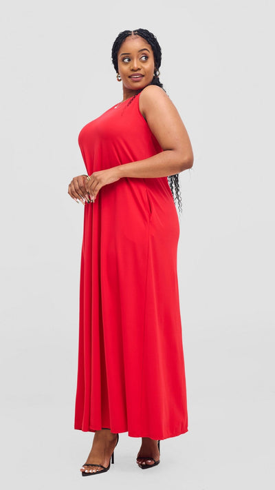 Vivo Ponte Back Pleat Maxi Dress - Red - Shopzetu