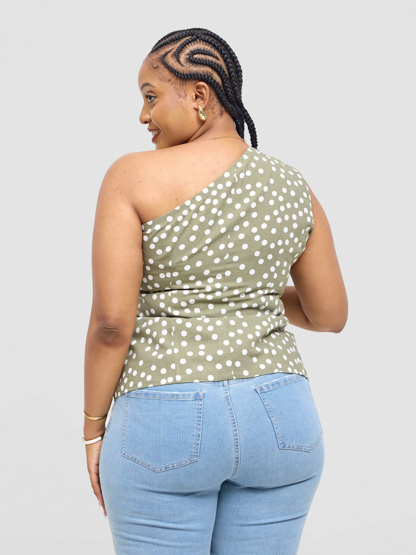 Pure Buxom Polka One Shoulder Vest Top - Green - Shopzetu