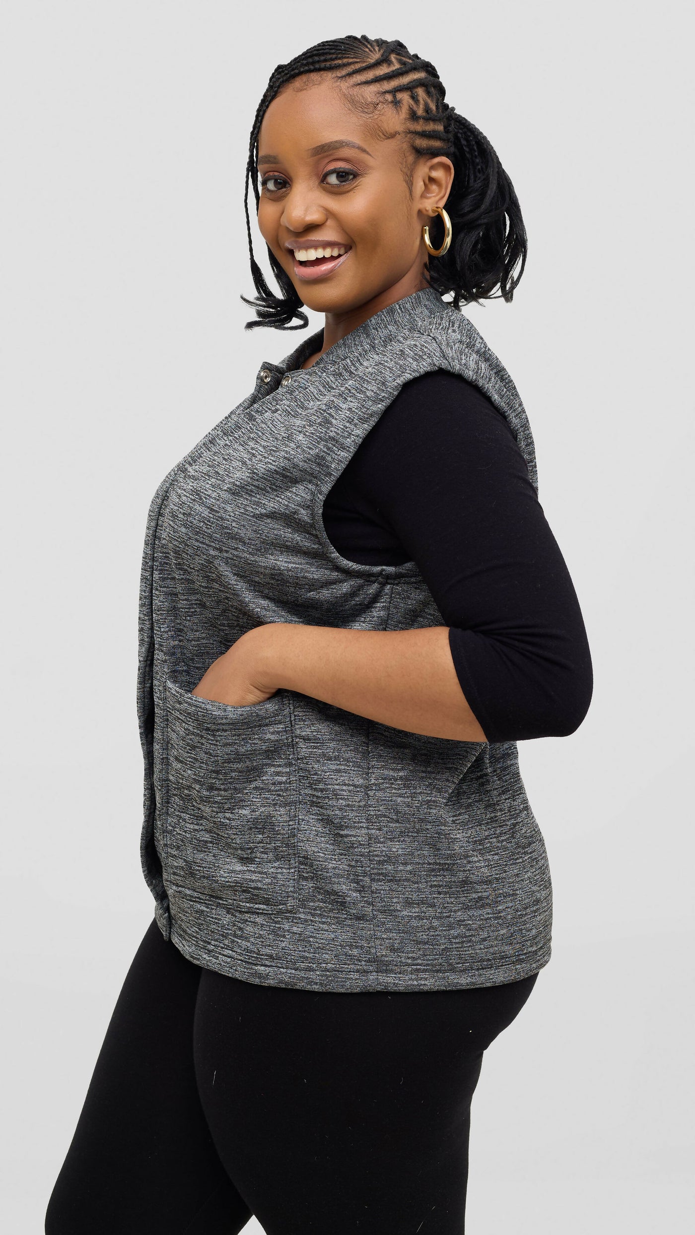 Timyt Urban Wear Curvy Plus Size Fleece With Frontal Pockets & Press Button Sweater - Dark Grey