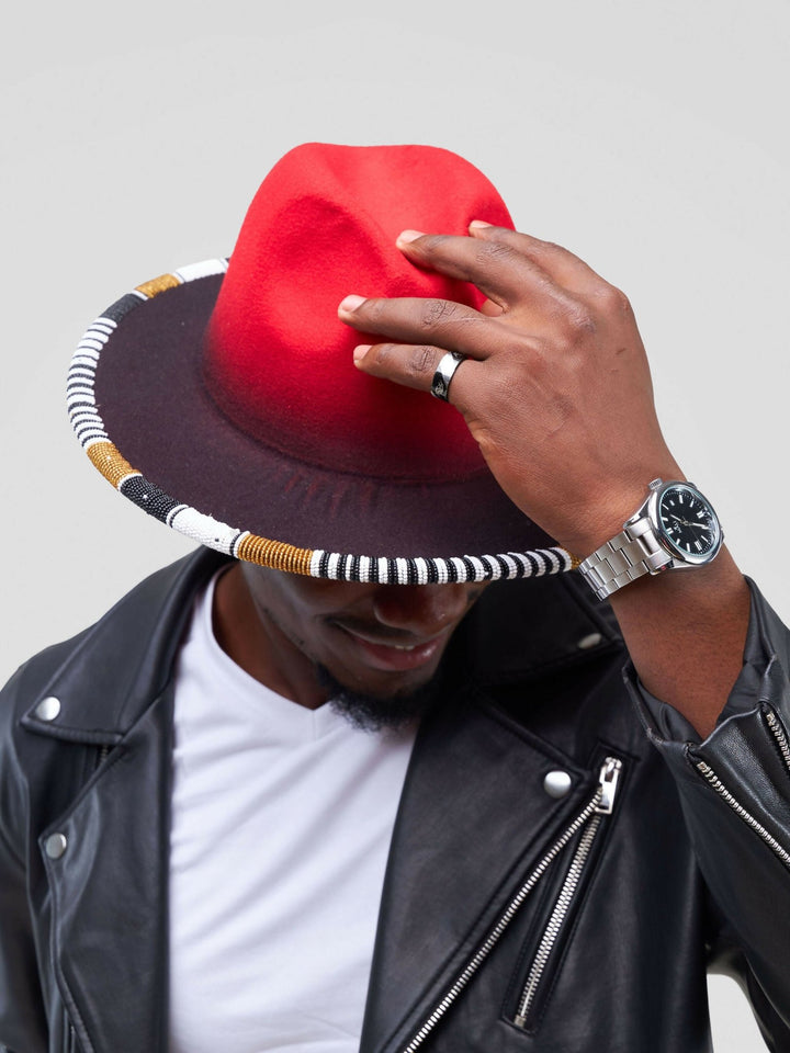 Umbo Collections Two Tone Beaded Fedora Hat - Red - Shopzetu