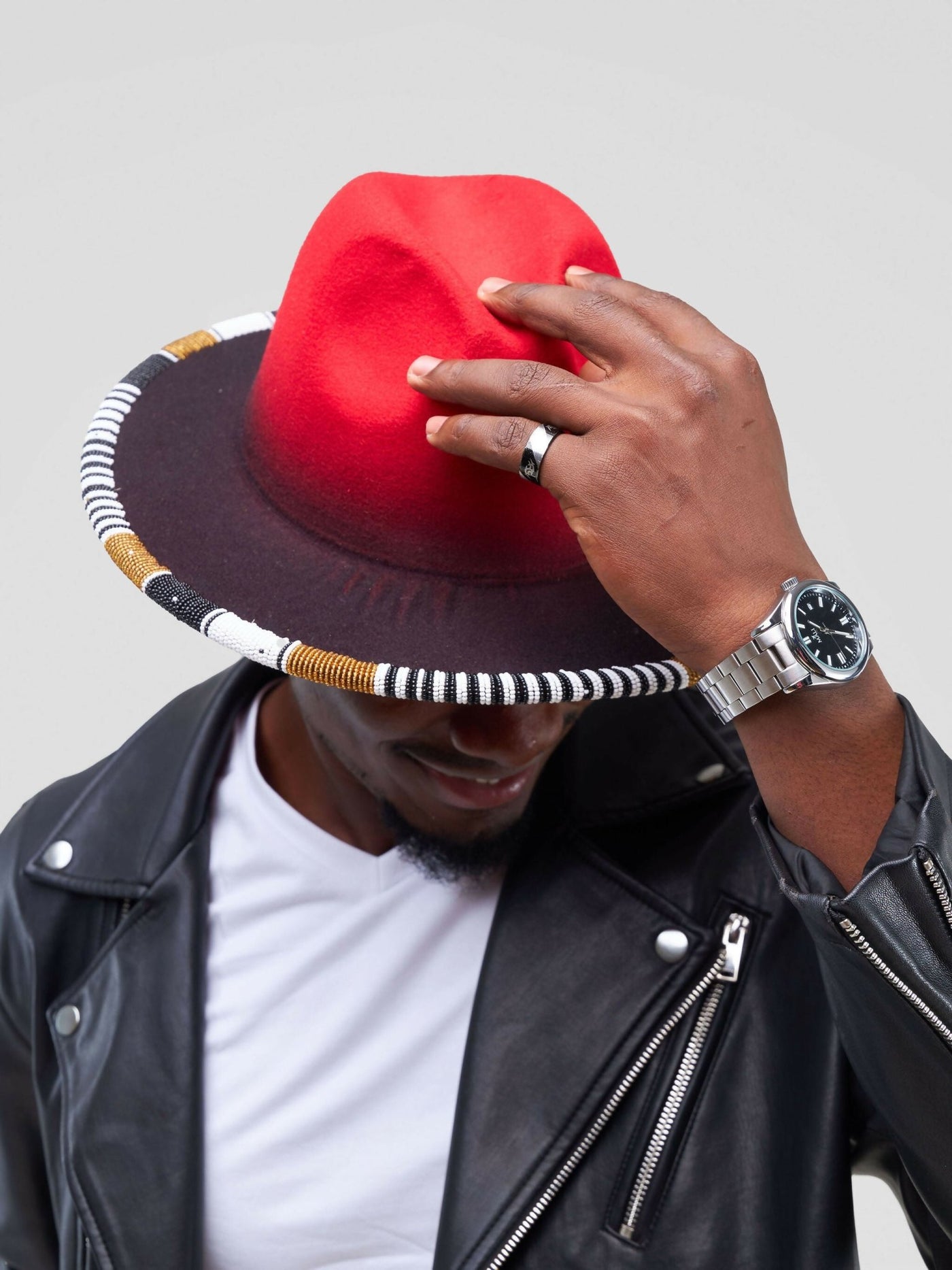 Umbo Collections Two Tone Beaded Fedora Hat - Red - Shopzetu