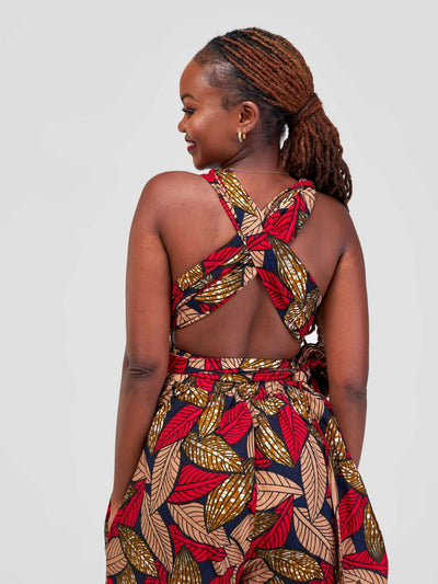 African Yuva Lusaka Infinity Jumpsuit - Red / Brown Leaf Print - Shopzetu