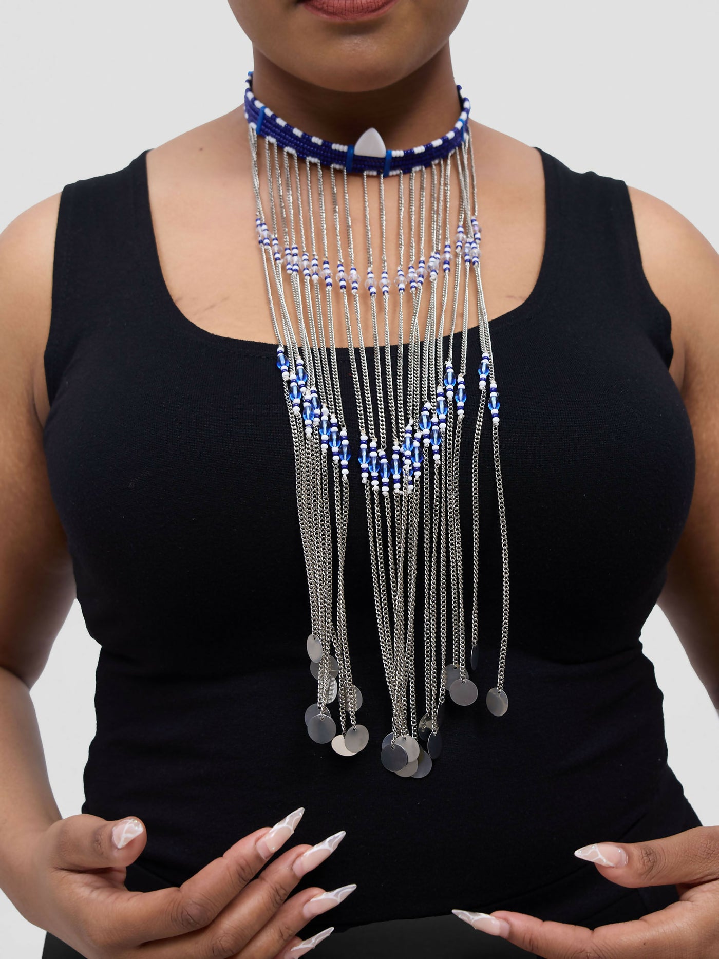 Meishan Curios Long Hanging Necklace - Navy Blue / White - Shopzetu