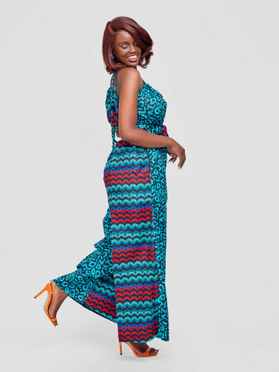 Tuli Zenani Ankara Jumpsuit - Aqua Blue / Red