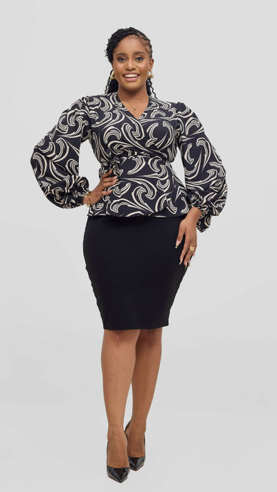Lizola Alexa Wrap Blouse Top - Black / Cream - Shopzetu
