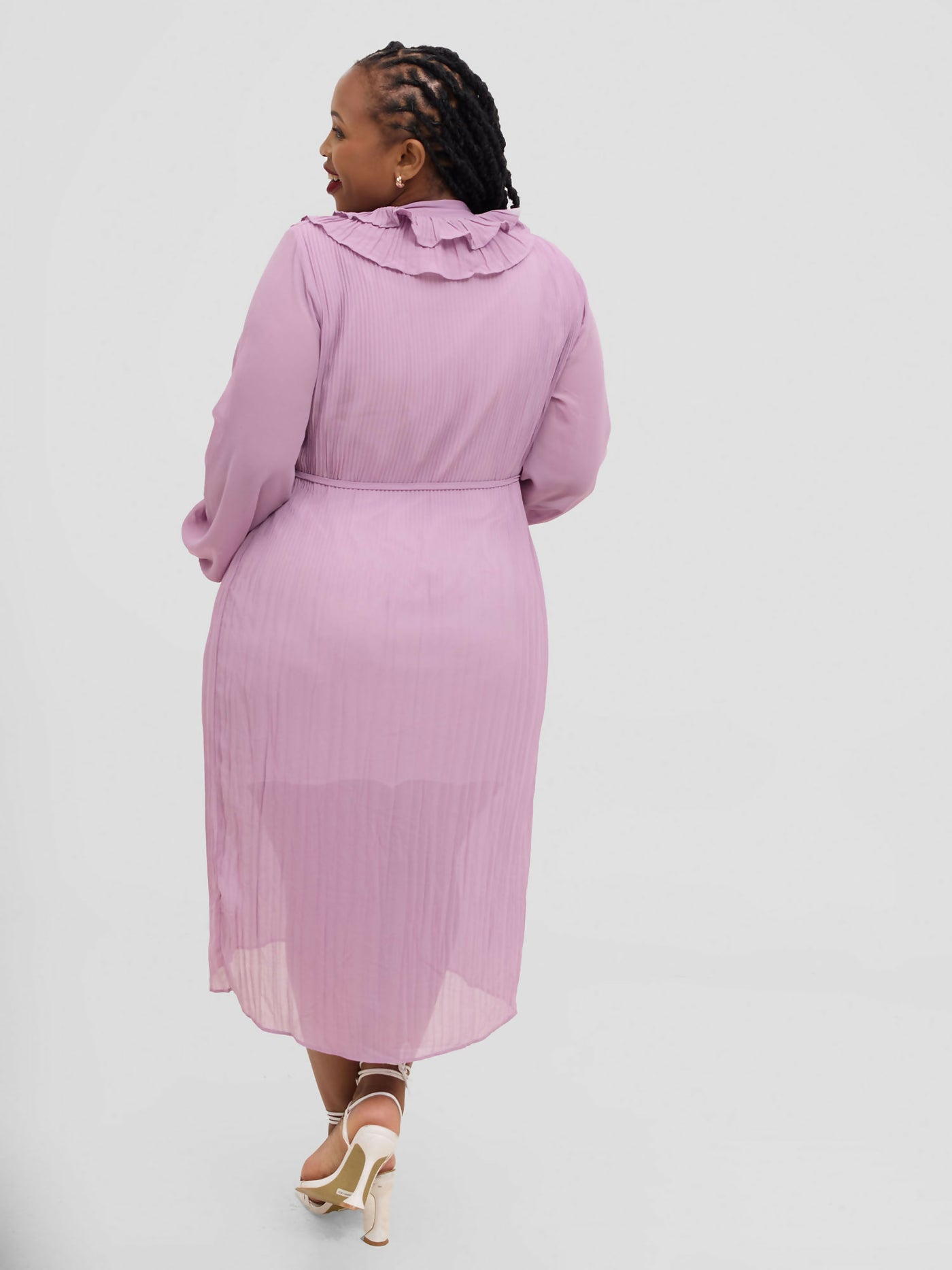 Hessed Long Sleeved Ruffless Pleated Round Collar Dress - Pink