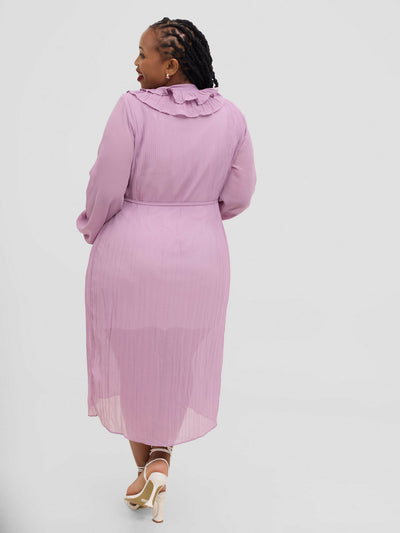 Hessed Long Sleeved Ruffless Pleated Round Collar Dress - Pink