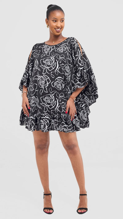 Vivo Chidii Tunic Dress With Frills - Black / White Print - Shopzetu
