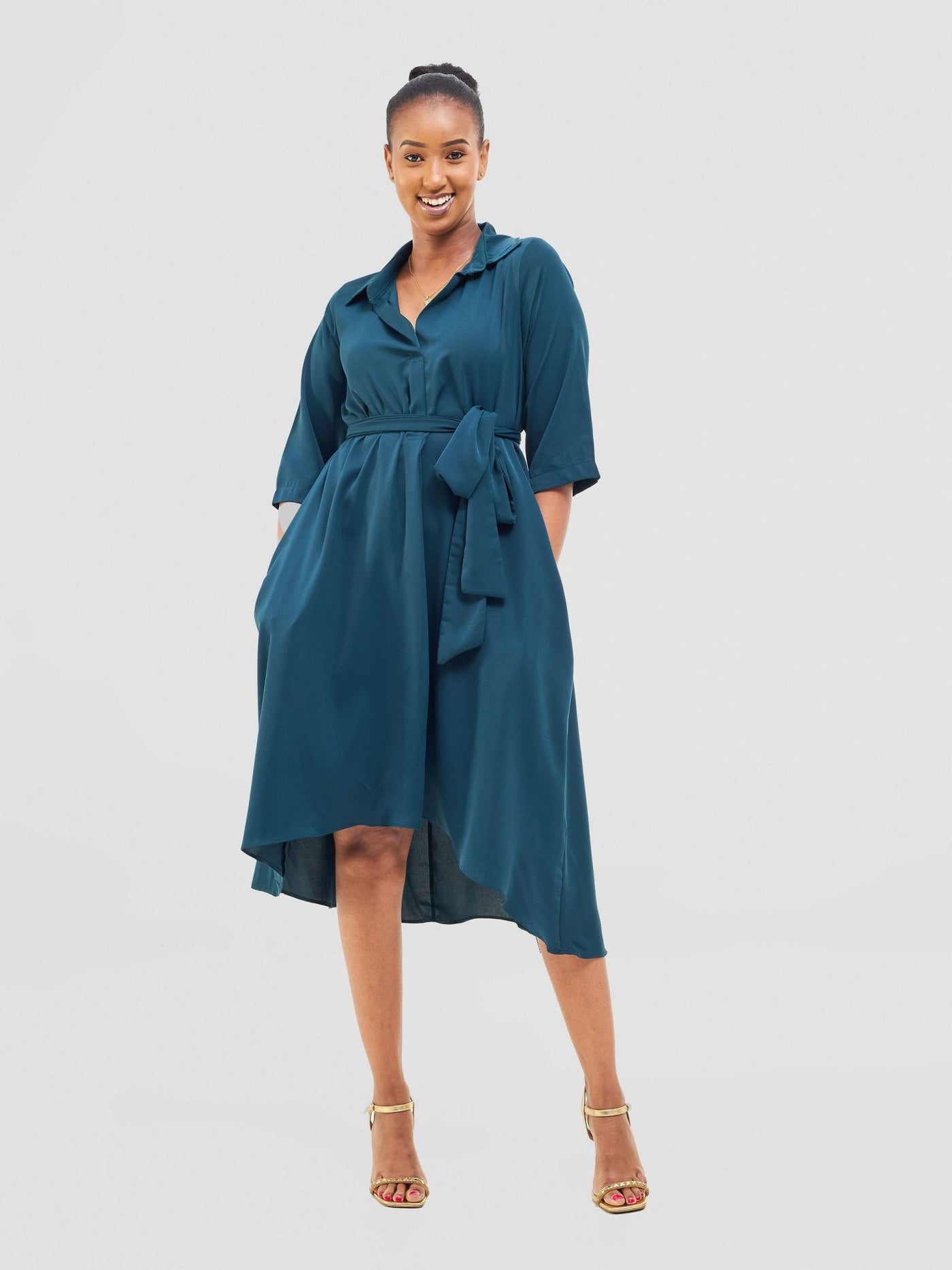 Vivo Yumi High Low Shirt Dress - Dark Teal - Shopzetu