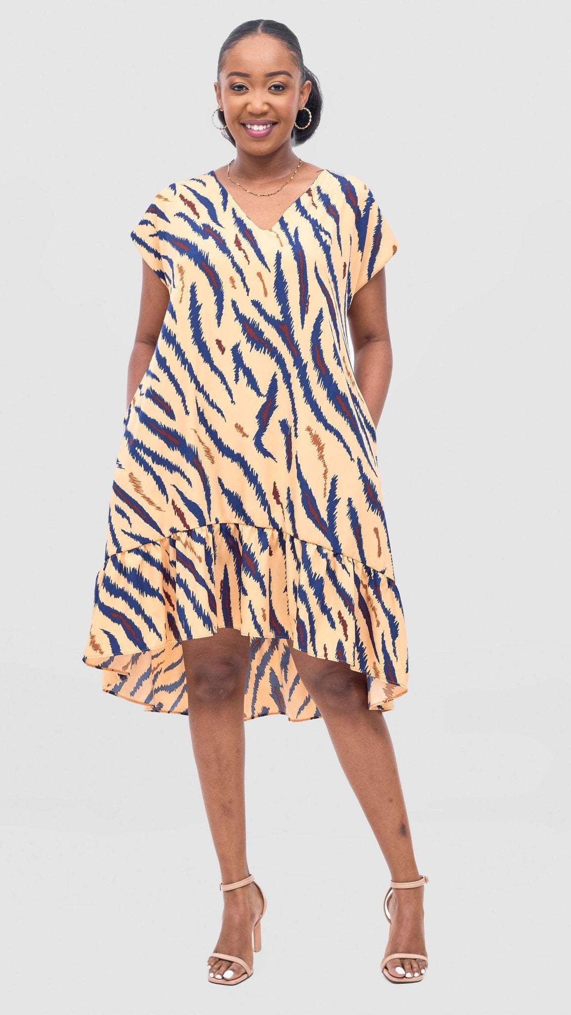 Vivo Asha Drop Shoulder Knee Length Dress - Toffee / Navy Avi Print - Shopzetu