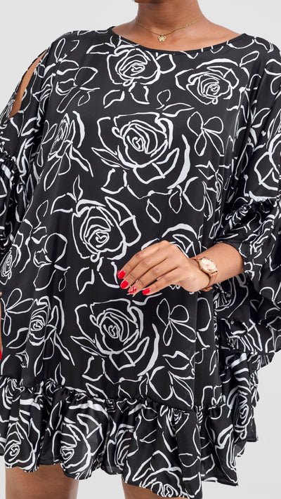 Vivo Chidii Tunic Dress With Frills - Black / White Print - Shopzetu