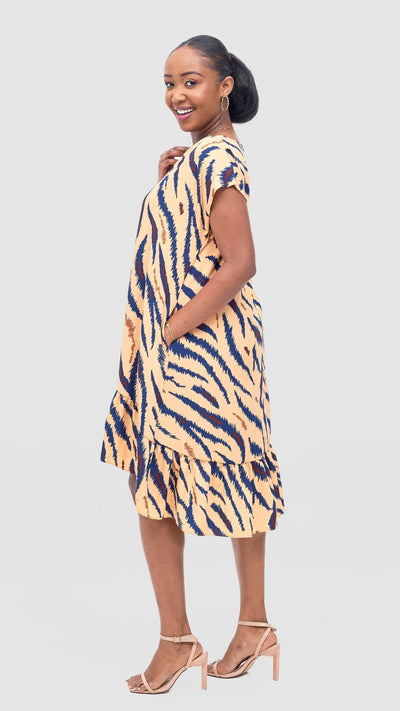 Vivo Asha Drop Shoulder Knee Length Dress - Toffee / Navy Avi Print - Shopzetu