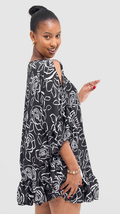 Vivo Chidii Tunic Dress With Frills - Black / White Print - Shopzetu