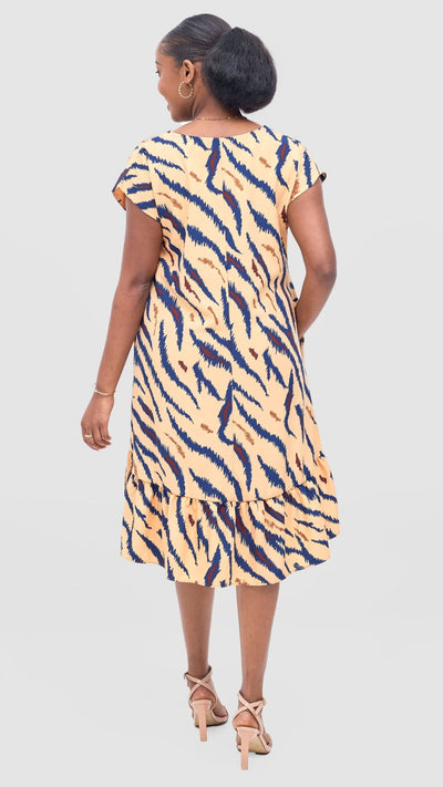 Vivo Asha Drop Shoulder Knee Length Dress - Toffee / Navy Avi Print - Shopzetu