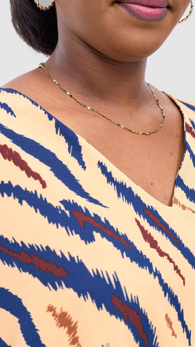 Vivo Asha Drop Shoulder Knee Length Dress - Toffee / Navy Avi Print - Shopzetu