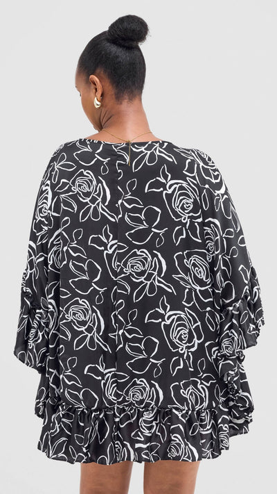 Vivo Chidii Tunic Dress With Frills - Black / White Print - Shopzetu