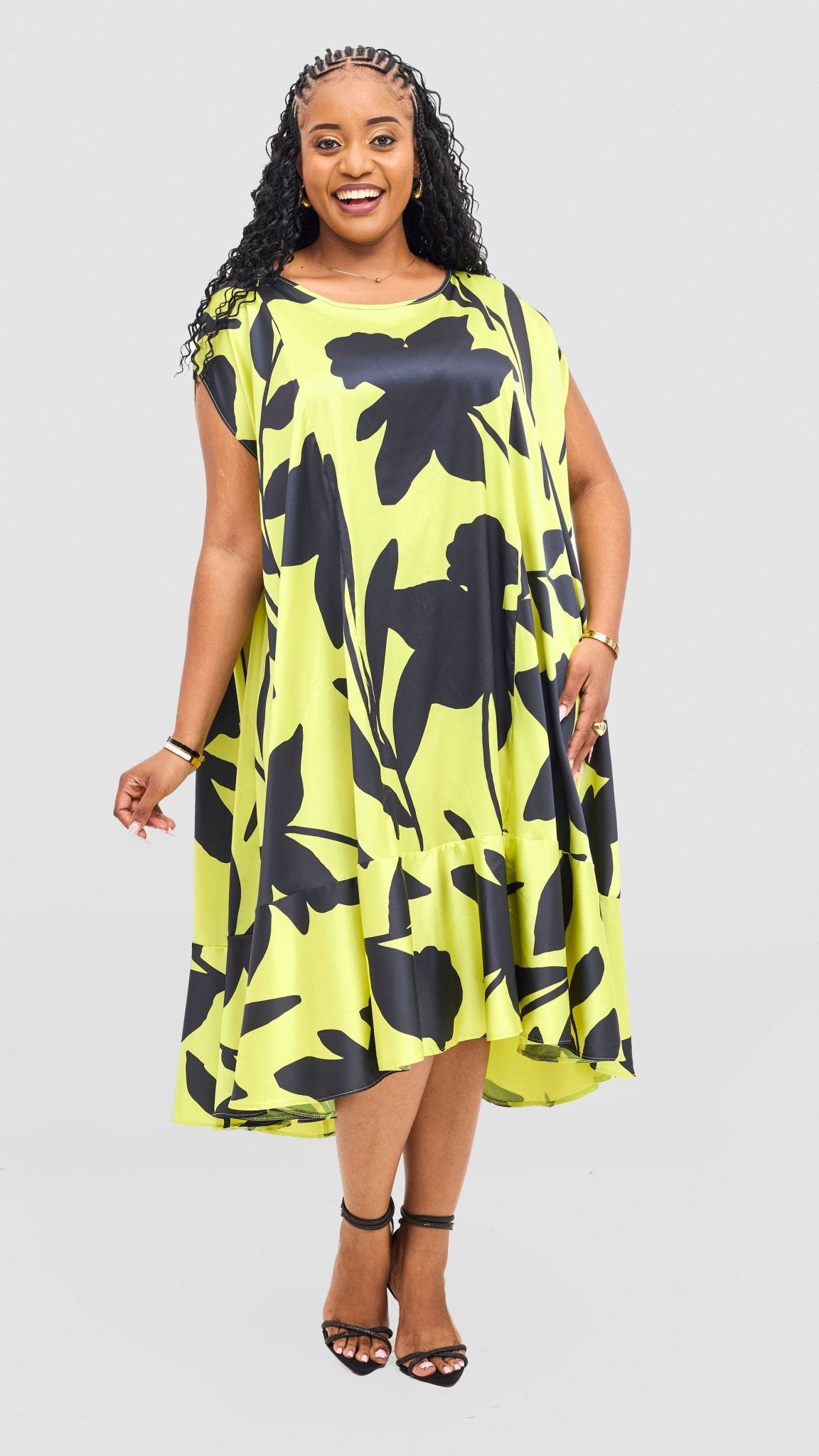 Vivo Samira Cape Dress - Lime / Dark Navy Voi Print - Shopzetu