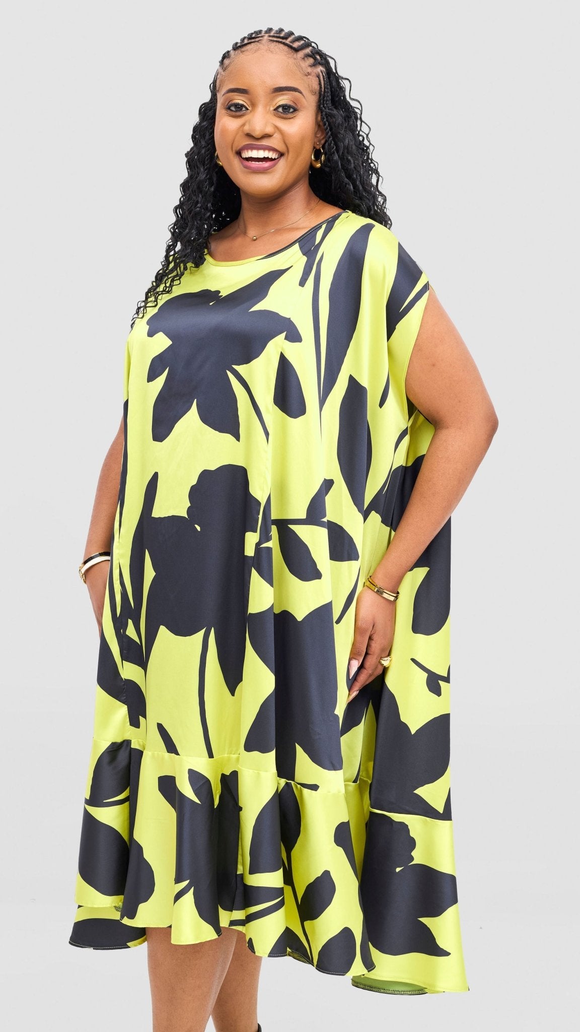Vivo Samira Cape Dress - Lime / Dark Navy Voi Print - Shopzetu