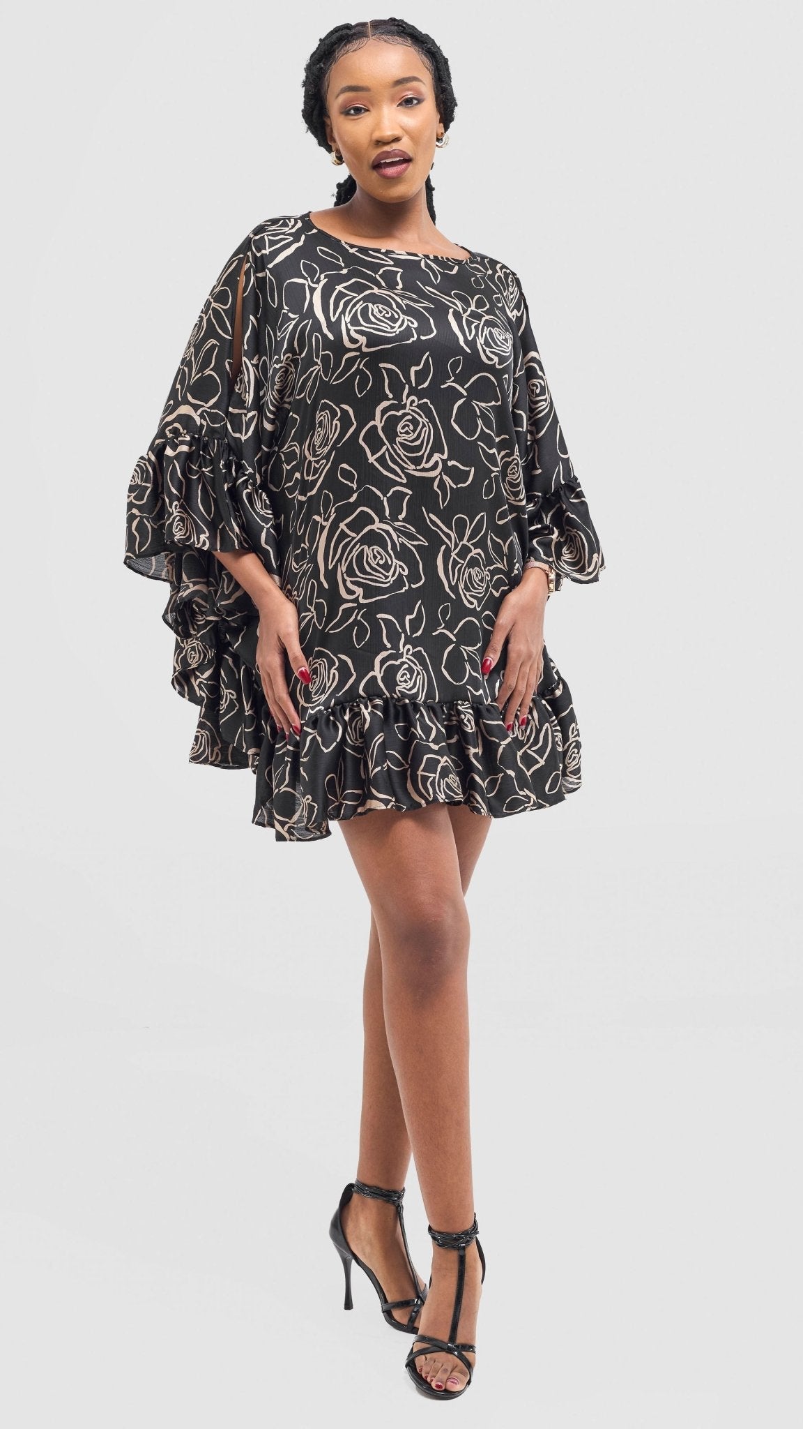 Vivo Chidii Tunic Dress With Frills - Black / Taupe Print - Shopzetu