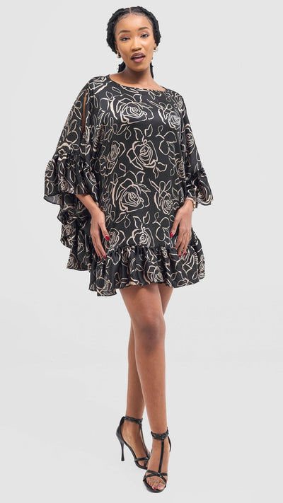 Vivo Chidii Tunic Dress With Frills - Black / Taupe Print - Shopzetu