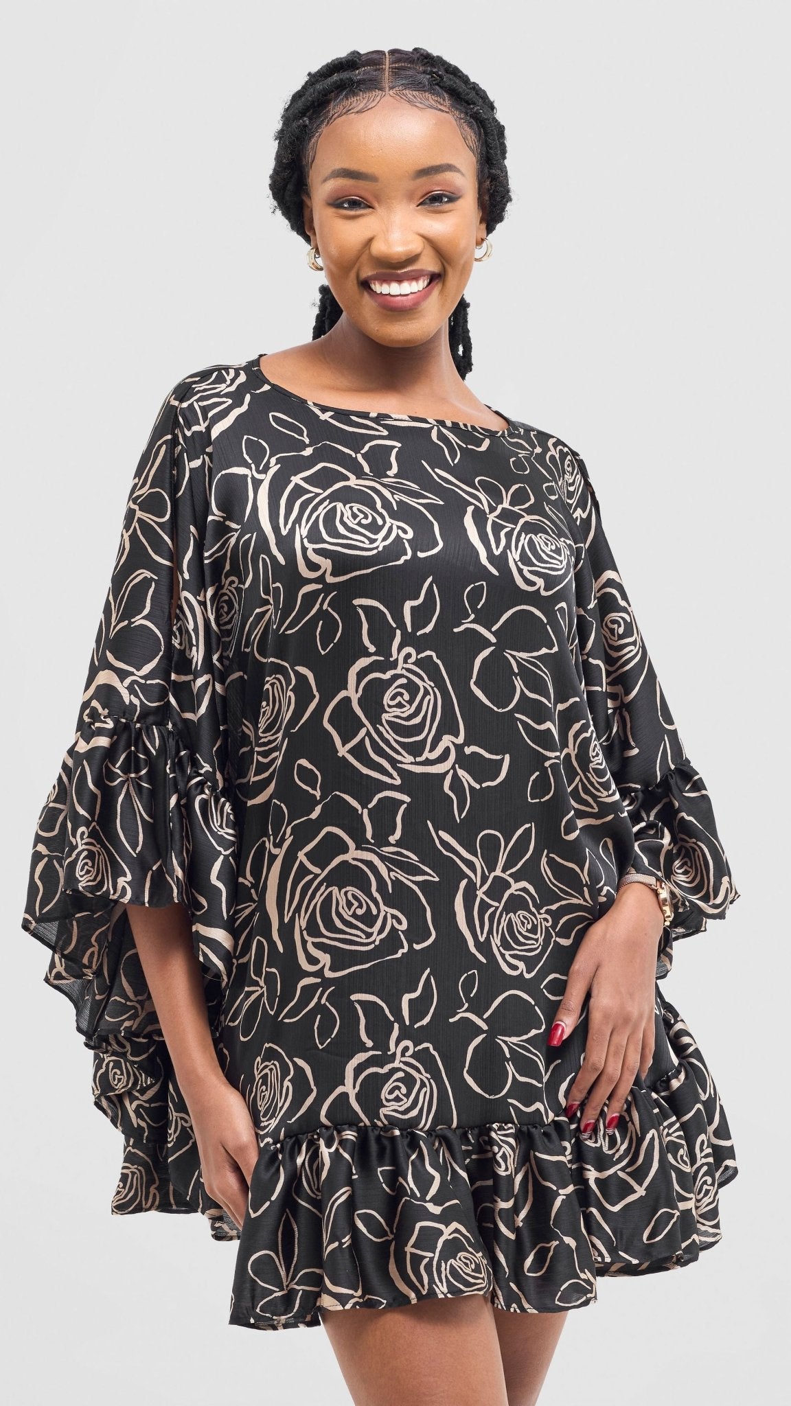 Vivo Chidii Tunic Dress With Frills - Black / Taupe Print - Shopzetu