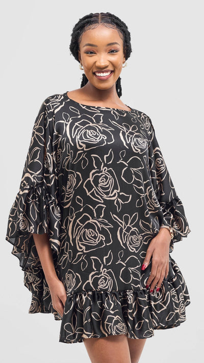 Vivo Chidii Tunic Dress With Frills - Black / Taupe Print - Shopzetu