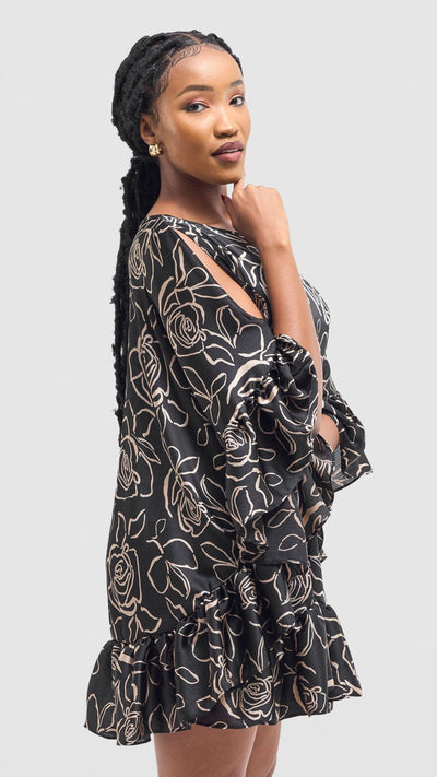 Vivo Chidii Tunic Dress With Frills - Black / Taupe Print - Shopzetu