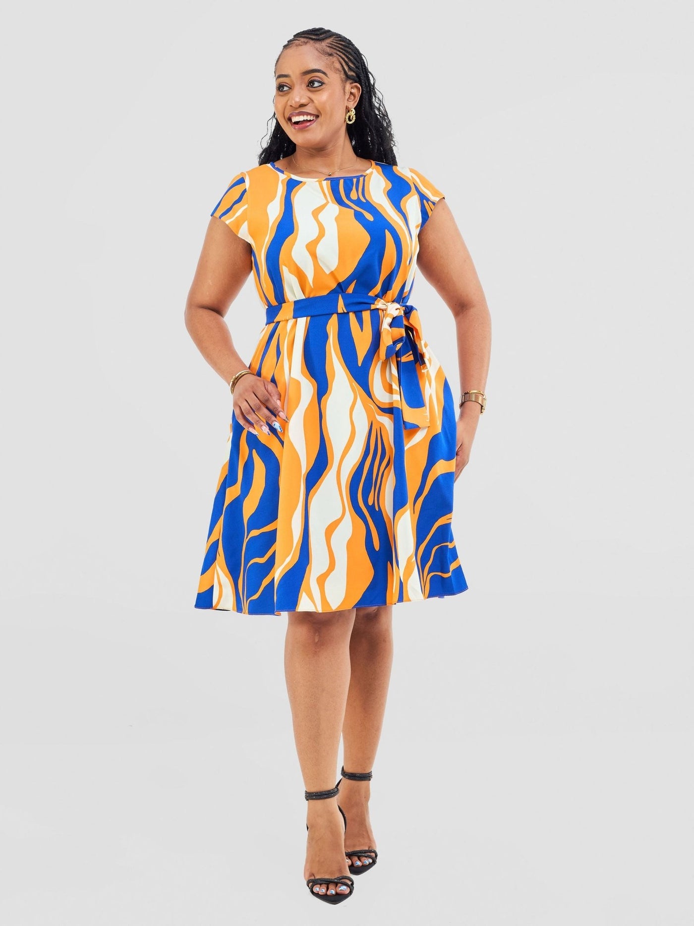 Vivo Basic Cap Sleeve Knee Length Tent Dress - Cobalt / Orange Capi Print - Shopzetu