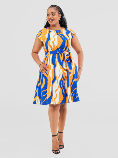 Vivo Basic Cap Sleeve Knee Length Tent Dress - Cobalt / Orange Capi Print - Shopzetu