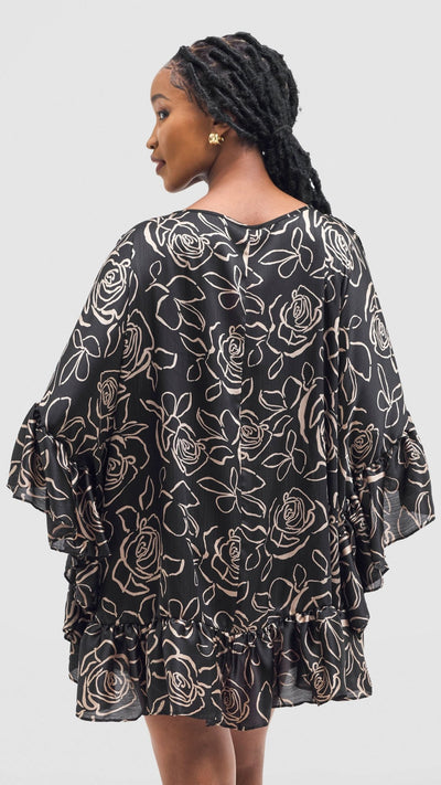 Vivo Chidii Tunic Dress With Frills - Black / Taupe Print - Shopzetu