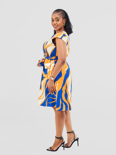 Vivo Basic Cap Sleeve Knee Length Tent Dress - Cobalt / Orange Capi Print - Shopzetu