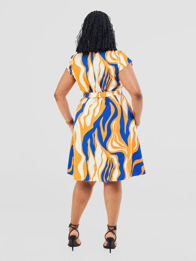Vivo Basic Cap Sleeve Knee Length Tent Dress - Cobalt / Orange Capi Print - Shopzetu
