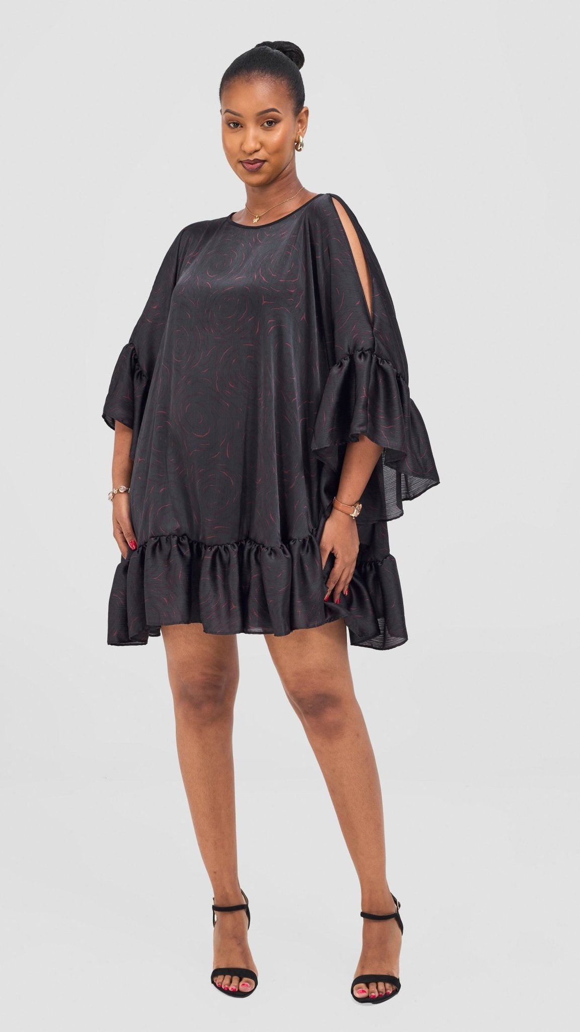 Vivo Chidii Tunic Dress With Frills - Black / Burgundy Print - Shopzetu