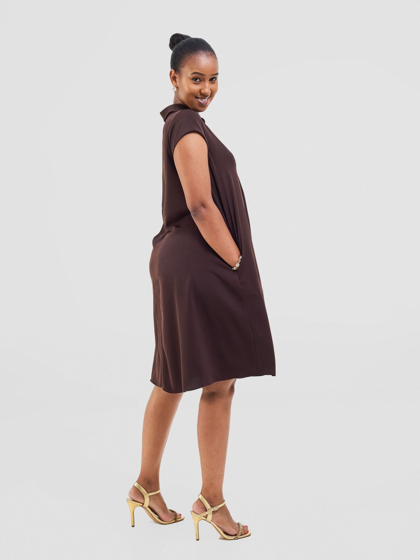 Vivo Yumi Cap Sleeve Dress - Chocolate - Shopzetu