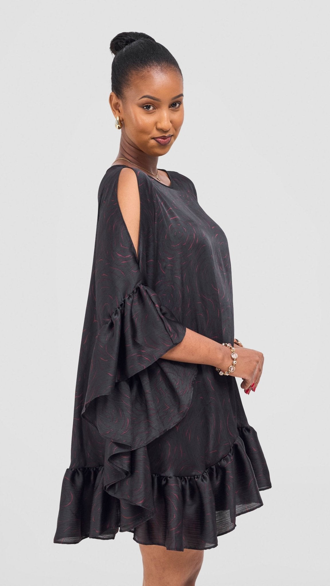 Vivo Chidii Tunic Dress With Frills - Black / Burgundy Print - Shopzetu