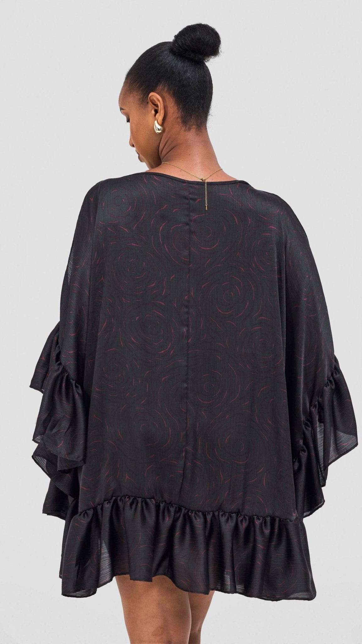 Vivo Chidii Tunic Dress With Frills - Black / Burgundy Print - Shopzetu