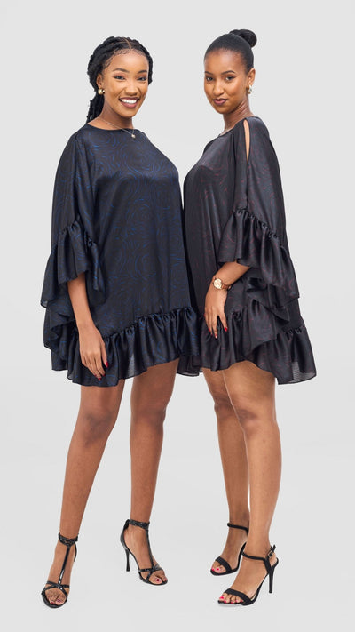 Vivo Chidii Tunic Dress With Frills - Black / Burgundy Print - Shopzetu