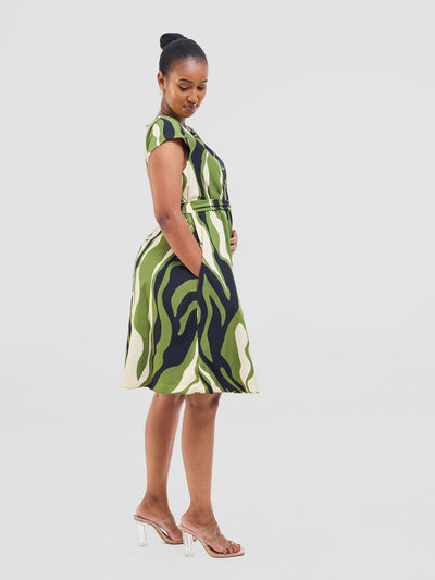 Vivo Basic Cap Sleeve Knee Length Tent Dress - Olive / Black Capi Print - Shopzetu