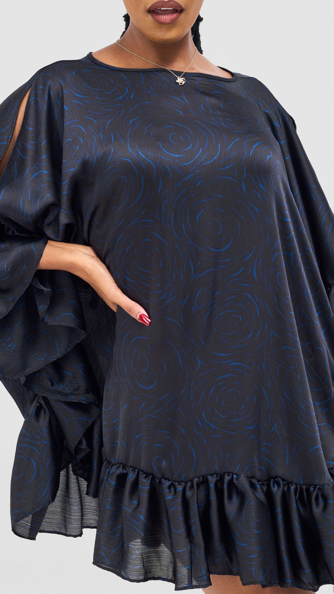 Vivo Chidii Tunic Dress With Frills - Black / Blue Print - Shopzetu