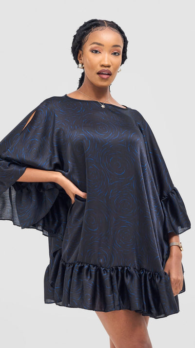 Vivo Chidii Tunic Dress With Frills - Black / Blue Print - Shopzetu