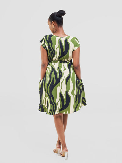 Vivo Basic Cap Sleeve Knee Length Tent Dress - Olive / Black Capi Print - Shopzetu