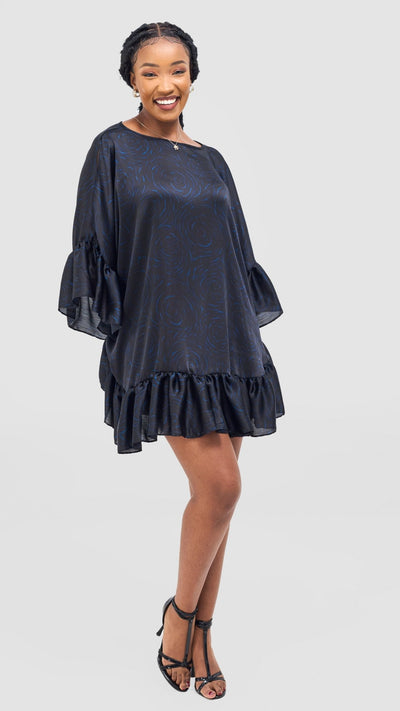 Vivo Chidii Tunic Dress With Frills - Black / Blue Print - Shopzetu