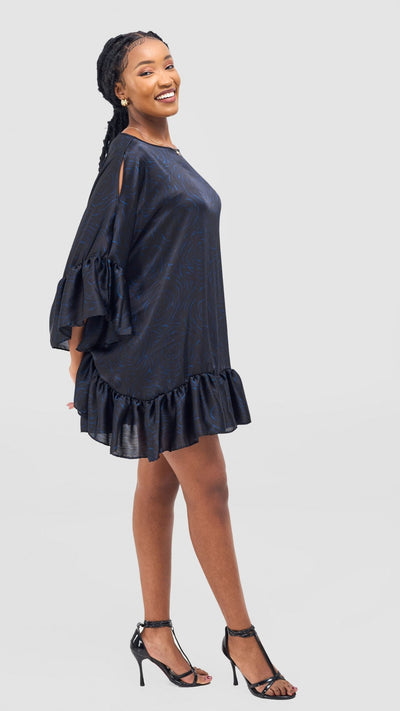 Vivo Chidii Tunic Dress With Frills - Black / Blue Print - Shopzetu